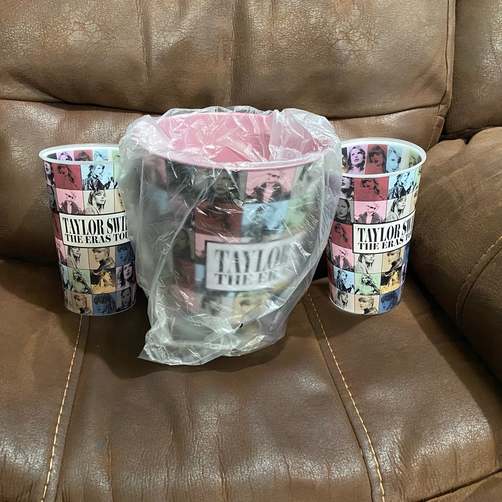 New!! Taylor Swift AMC Popcorn Tin Pink Metal Bucket Exclusive Eras Tour +2 cups